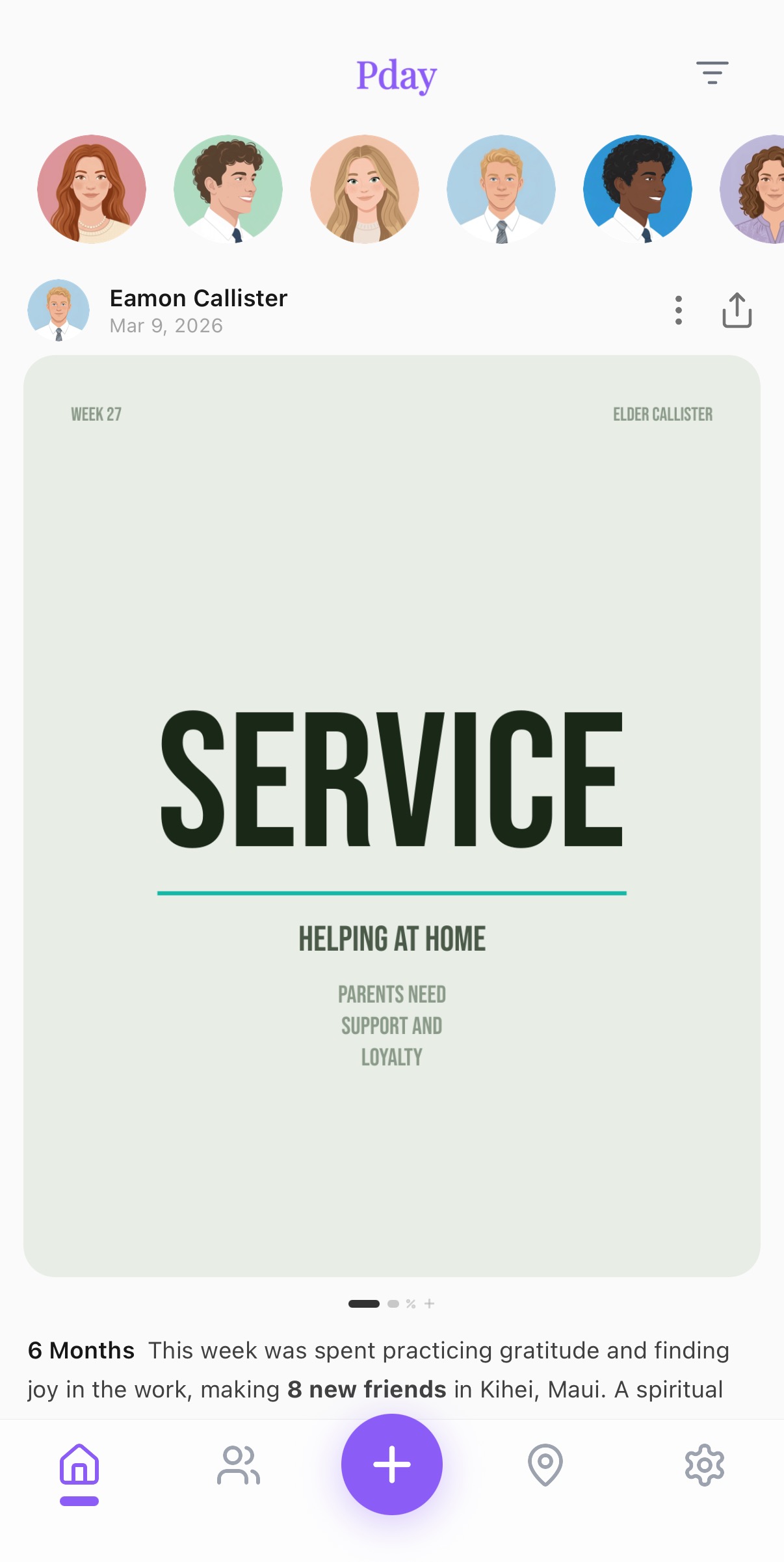 Pday app feed showing missionary highlight